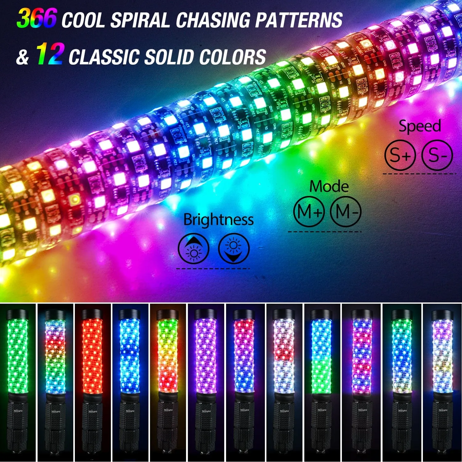 1Pc 2FT Spiral Antenna Bluetooth Remote App Control Led Fat Whip Light