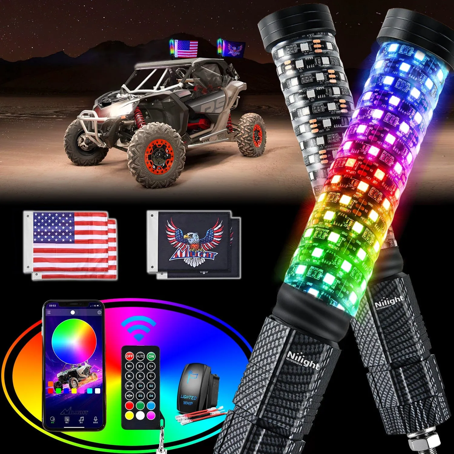 1Pc 2FT Spiral Antenna Bluetooth Remote App Control Led Fat Whip Light