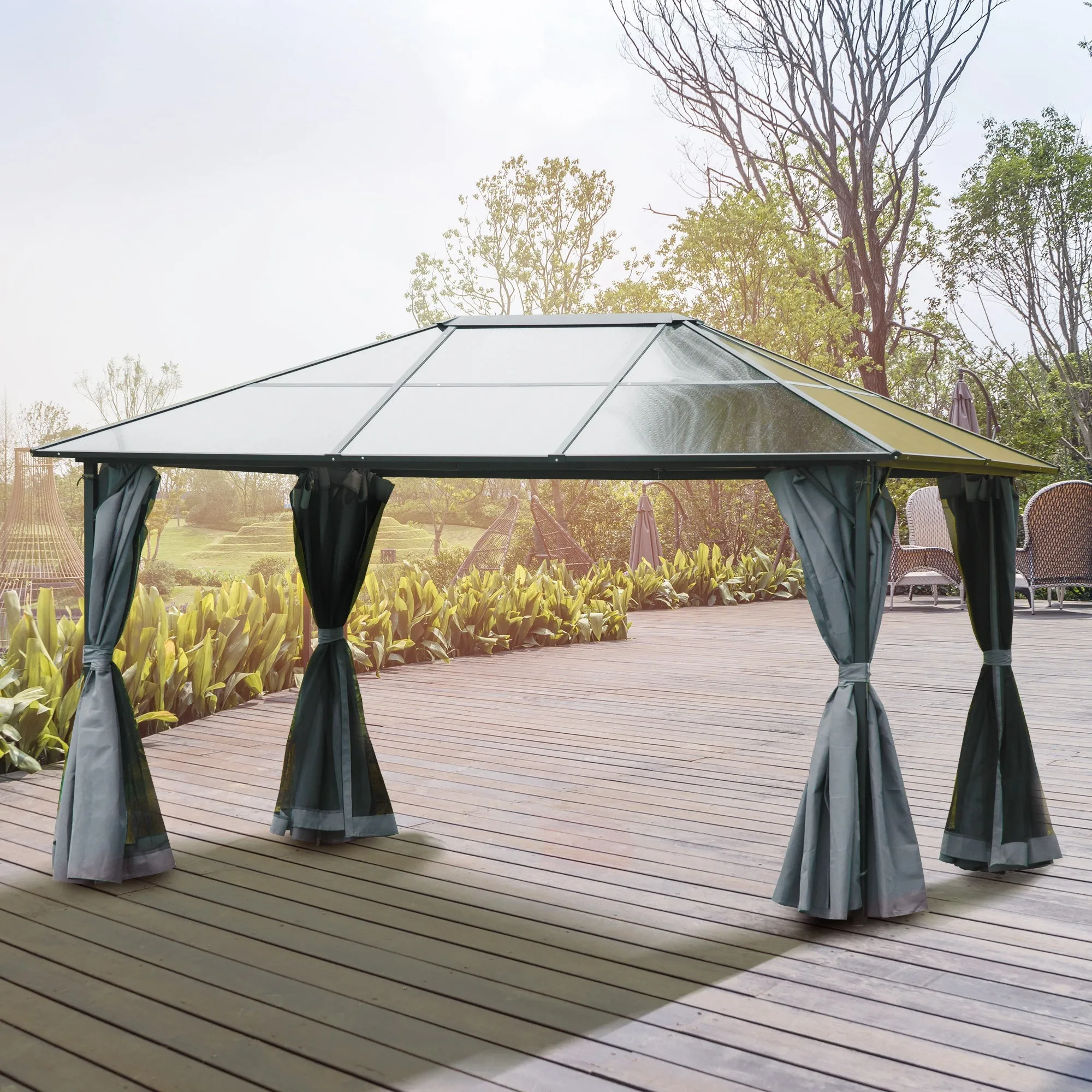 4 x 3(m) Garden Aluminium Gazebo Hardtop Roof Canopy Marquee Party Tent Patio Outdoor Shelter with Mesh Curtains & Side Walls - Grey