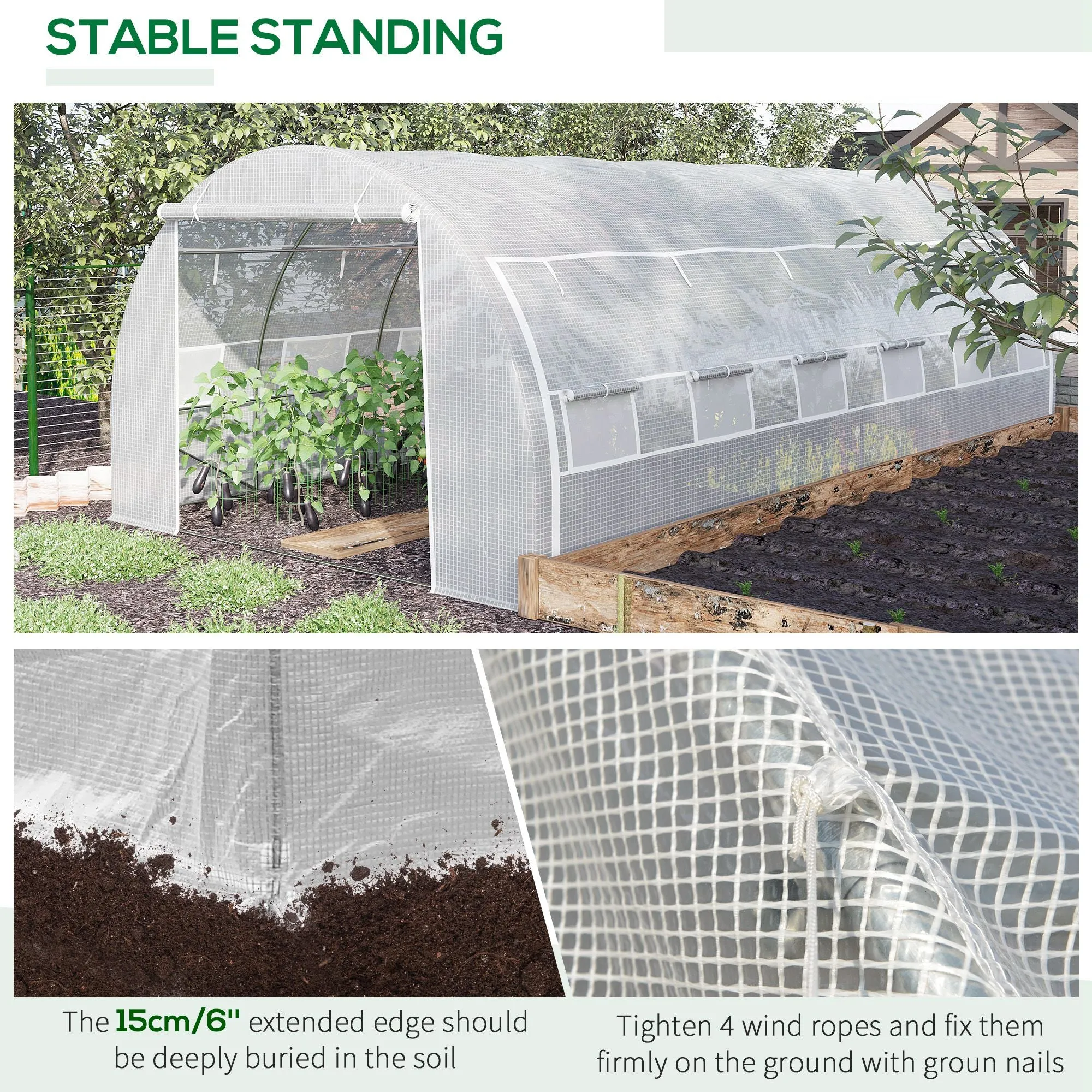 6 x 3 x 2 m Polytunnel Greenhouse, Walk in Pollytunnel Tent with Steel Frame, Reinforced Cover, Zippered Door and 8 Windows for Garden White