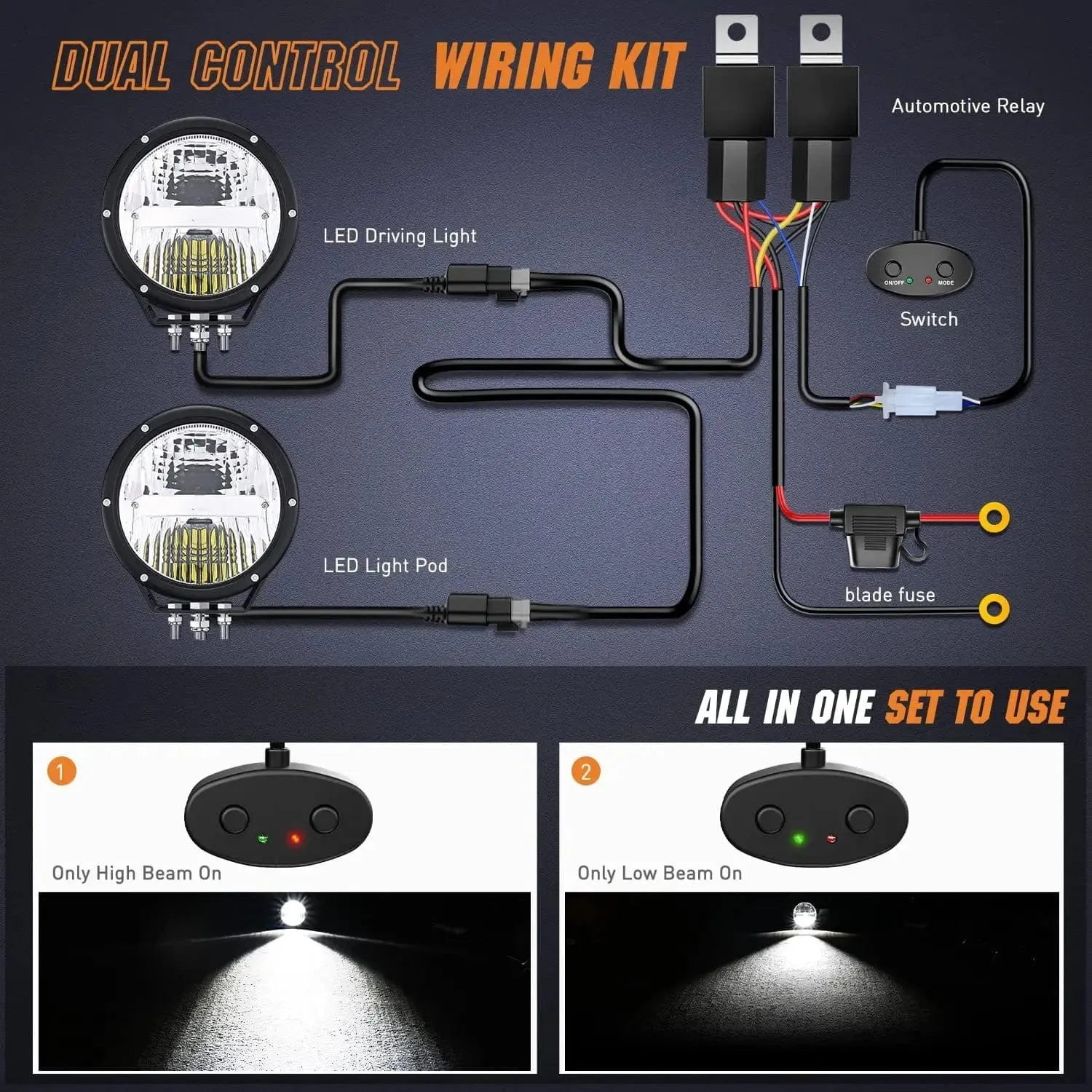 7 Inch 120W 5800LM Round High Low Beam Built-in EMC LED Work Lights (Pair) | 14AWG DT Wire