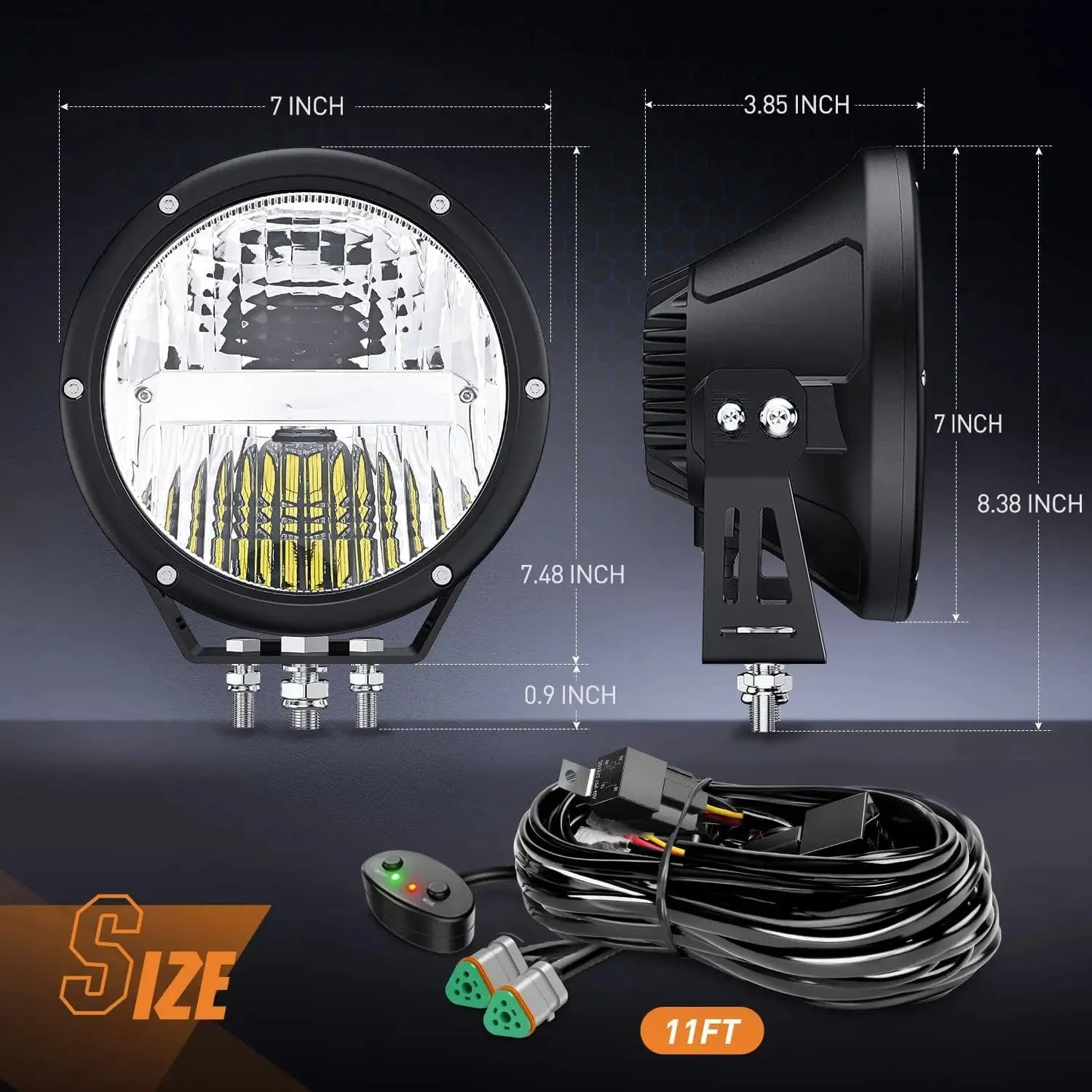 7 Inch 120W 5800LM Round High Low Beam Built-in EMC LED Work Lights (Pair) | 14AWG DT Wire