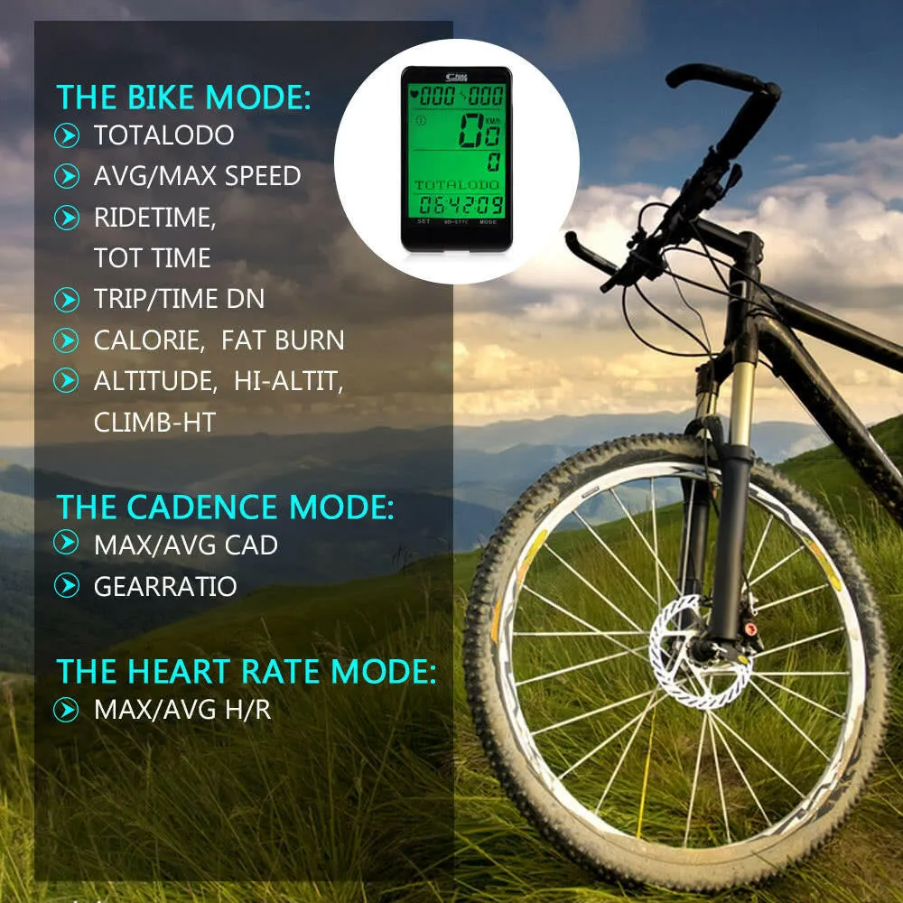 Cycle Computer Wireless Heart Rate Monitor & Cadence Sensor and Speedometer Odometer 3 in 1 Bike Computer Multifunction