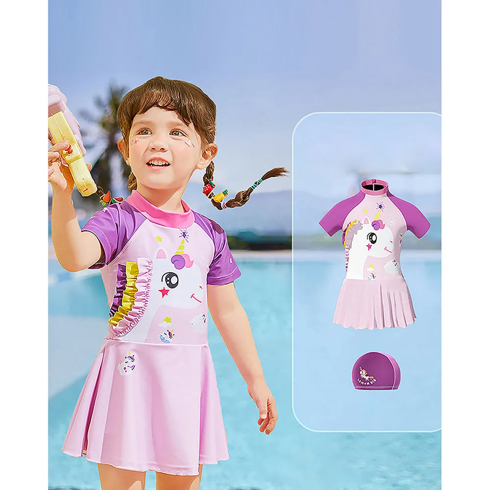 Frill Unicorn Frock style Kids Swimwear with attached shorts&matching Swim Cap