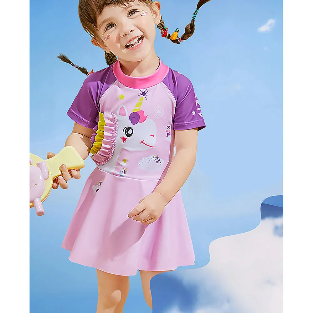 Frill Unicorn Frock style Kids Swimwear with attached shorts&matching Swim Cap