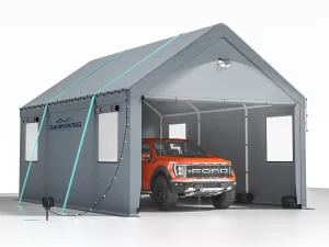SANNWSG Heavy Duty Extra Large Portable  with Roll-up Windows and All-Season Tarp Cover,Metal Roof &Side Walls Car Tent Garage